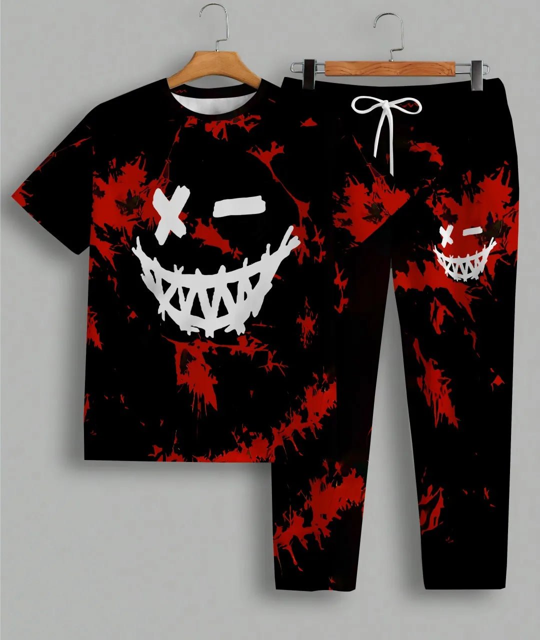 2025 Summer new men's Tracksuit 2 - piece tracksuit Evil Smile 3D Printed Summer casual men's suit Short sleeve T-shirt + pants - Fabtukus Luxury