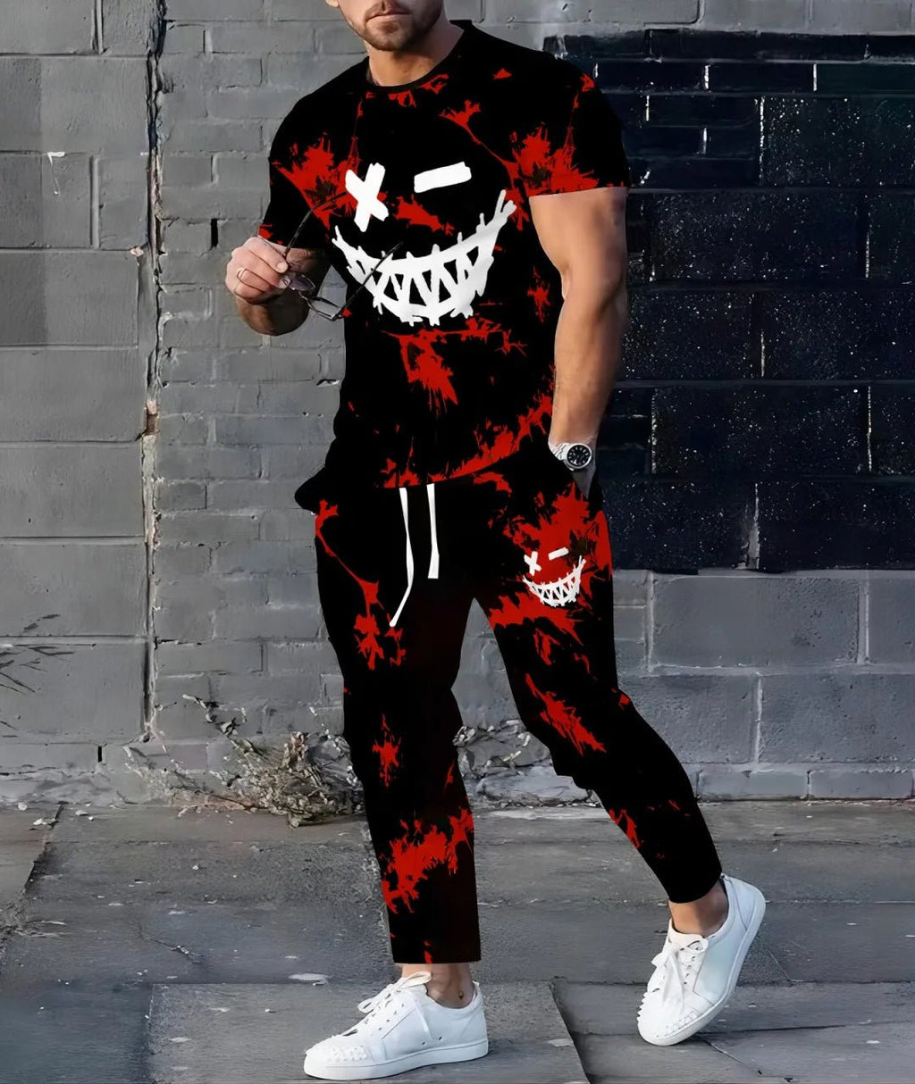 2025 Summer new men's Tracksuit 2 - piece tracksuit Evil Smile 3D Printed Summer casual men's suit Short sleeve T-shirt + pants - Fabtukus Luxury