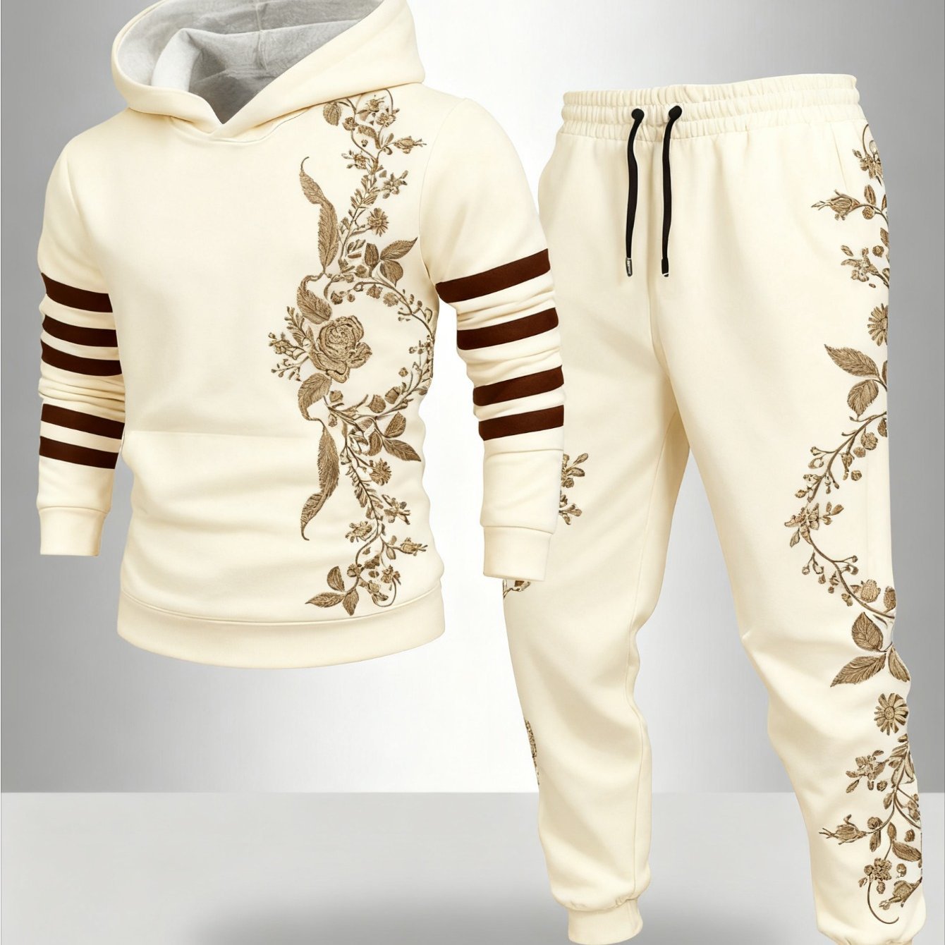 2pcs Set Men'S Floral Print Hooded Sweatshirt & Joggers Set - Fabtukus Luxury