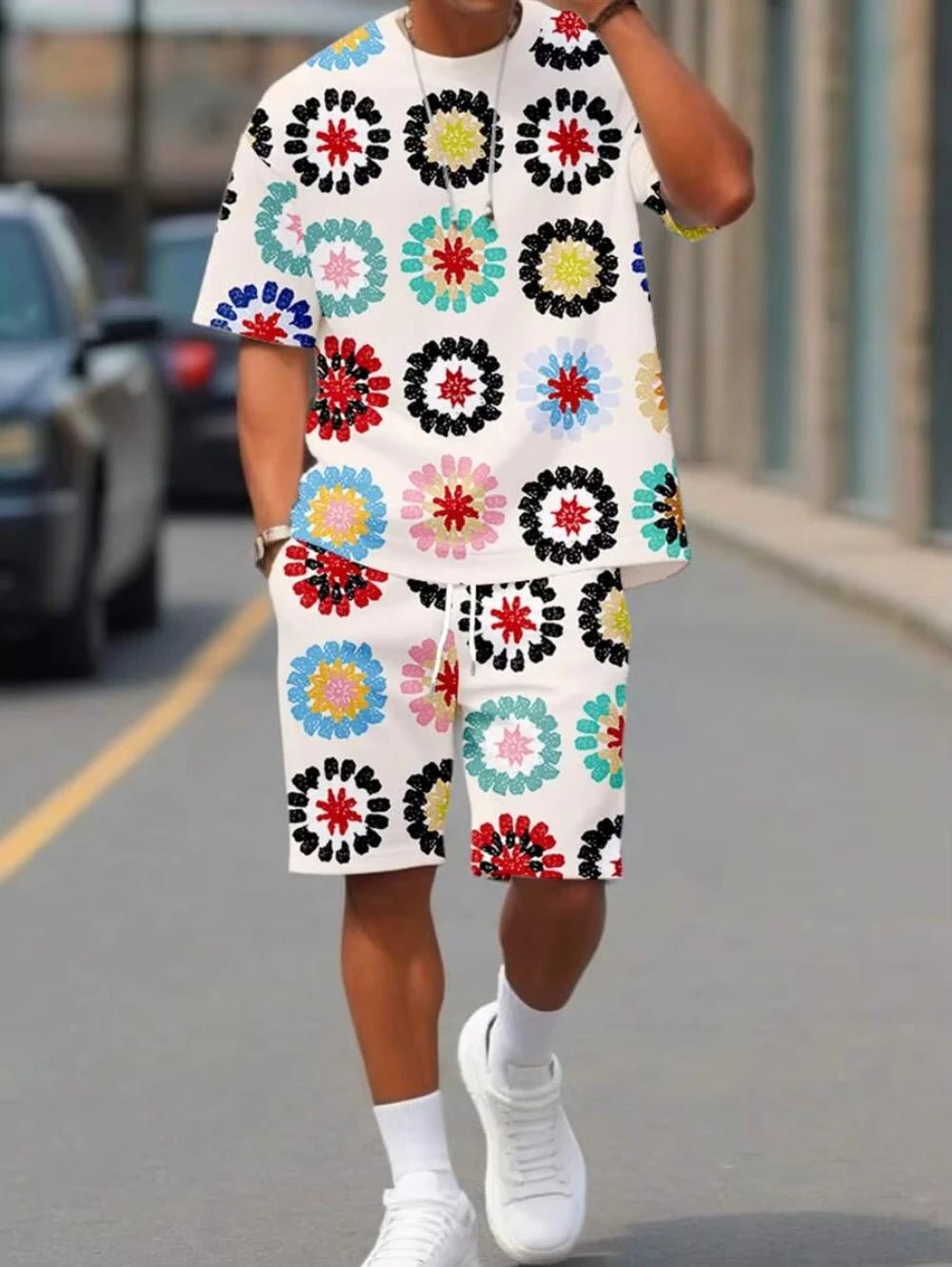 3D Print Men's Flower Crew Neck Short Sleeve T-Shirt Shorts Set Round Neck Gradient Short Sleeved Suit Conjunto Para Hombre - Fabtukus Luxury