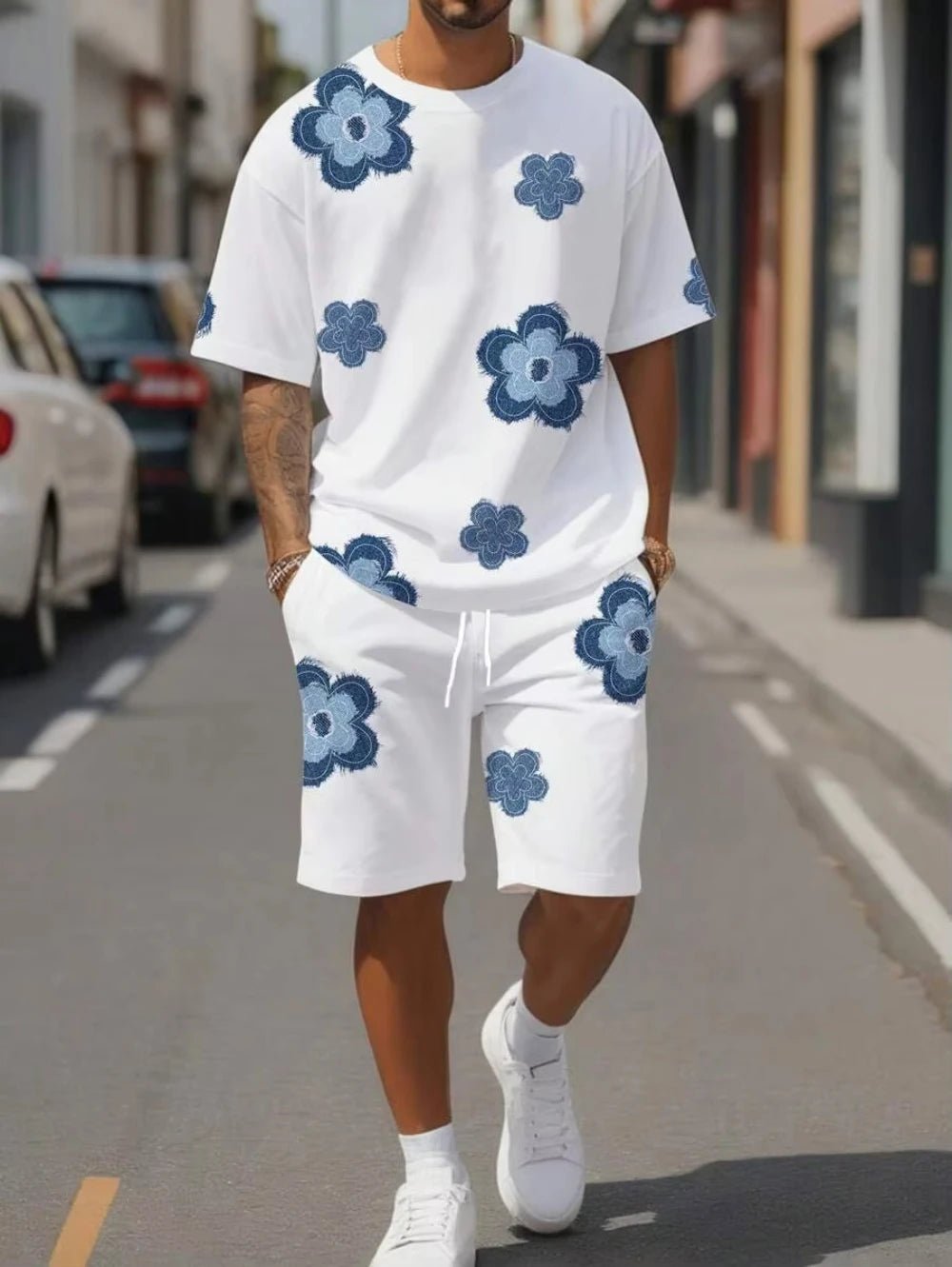 3D Print Men's Flower Crew Neck Short Sleeve T-Shirt Shorts Set Round Neck Gradient Short Sleeved Suit Conjunto Para Hombre - Fabtukus Luxury