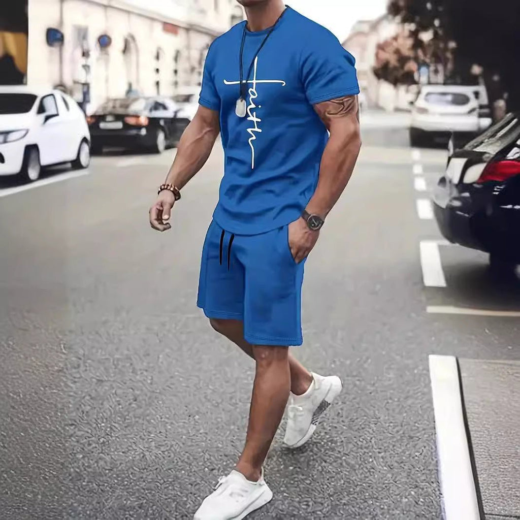 Casual Sports Suit Round Neck Short Sleeve 3d Digital Printing Design Two - piece Set - Fabtukus Luxury