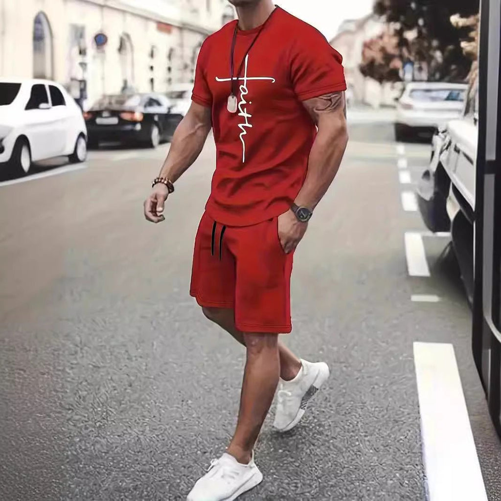 Casual Sports Suit Round Neck Short Sleeve 3d Digital Printing Design Two - piece Set - Fabtukus Luxury