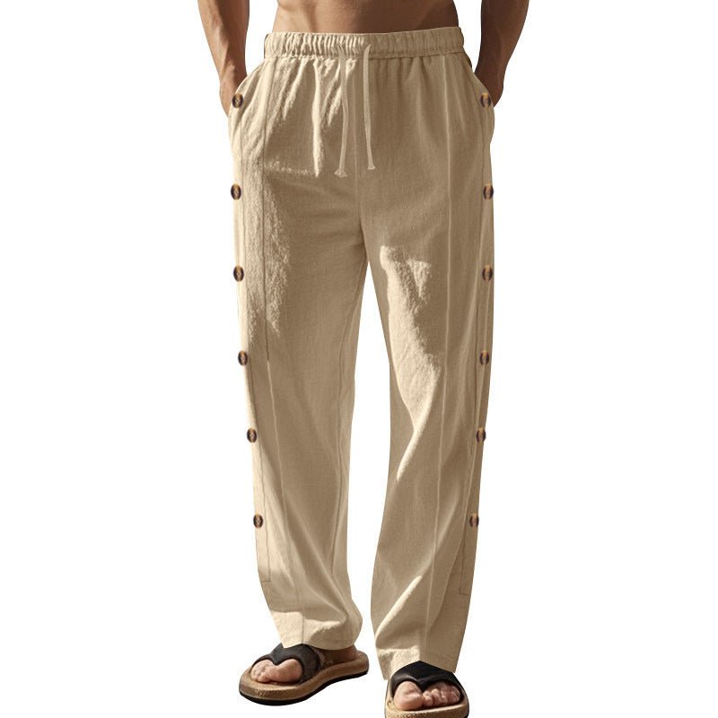 Drawstring Waist Side Button Solid Color Casual Men's Straight Pants - Fabtukus Luxury