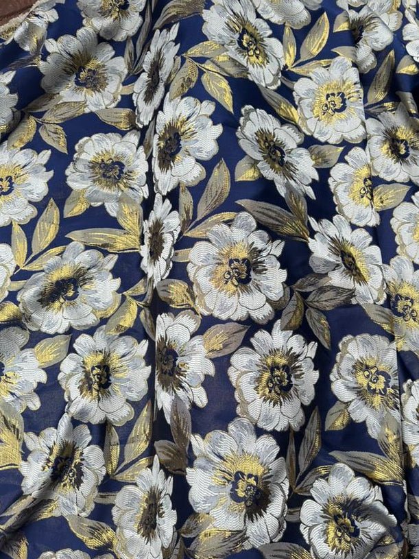 Luxury Gold and Blue Flowery Damask {Per Yard} - Fabtukus Luxury