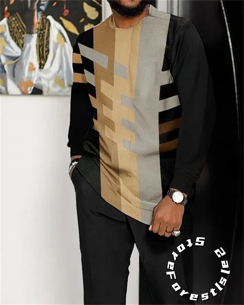 Men Tracskuit Set 2 - piece Striped 3D Printed Casual Walking Suit Fashion Streetwear Long Sleeve T-Shirt Trousers Outfits - Fabtukus Luxury