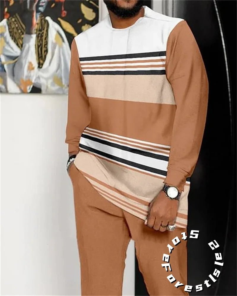 Men Tracskuit Set 2 - piece Striped 3D Printed Casual Walking Suit Fashion Streetwear Long Sleeve T-Shirt Trousers Outfits - Fabtukus Luxury