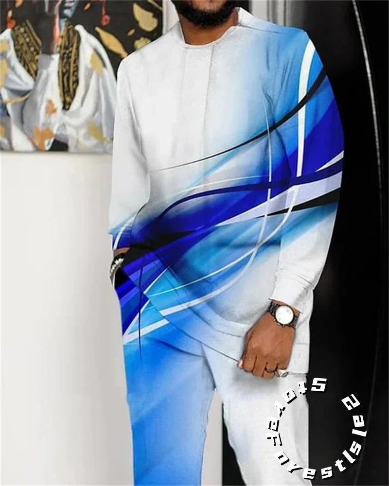 Men Tracskuit Set 2 - piece Striped 3D Printed Casual Walking Suit Fashion Streetwear Long Sleeve T-Shirt Trousers Outfits - Fabtukus Luxury