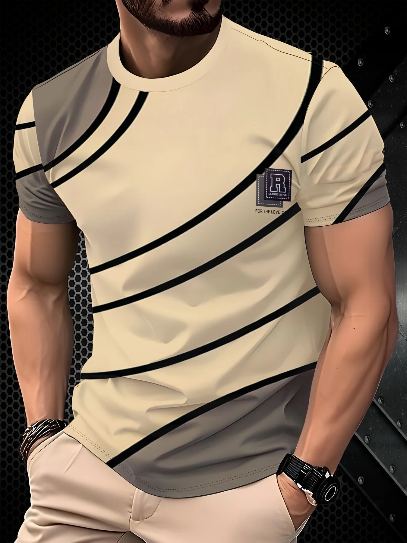 Men's 3D Digital Printed Striped T-shirt, Breathable Short - sleeved Round - neck Casual Sportswear Daily Wear Top for Business - Fabtukus Luxury