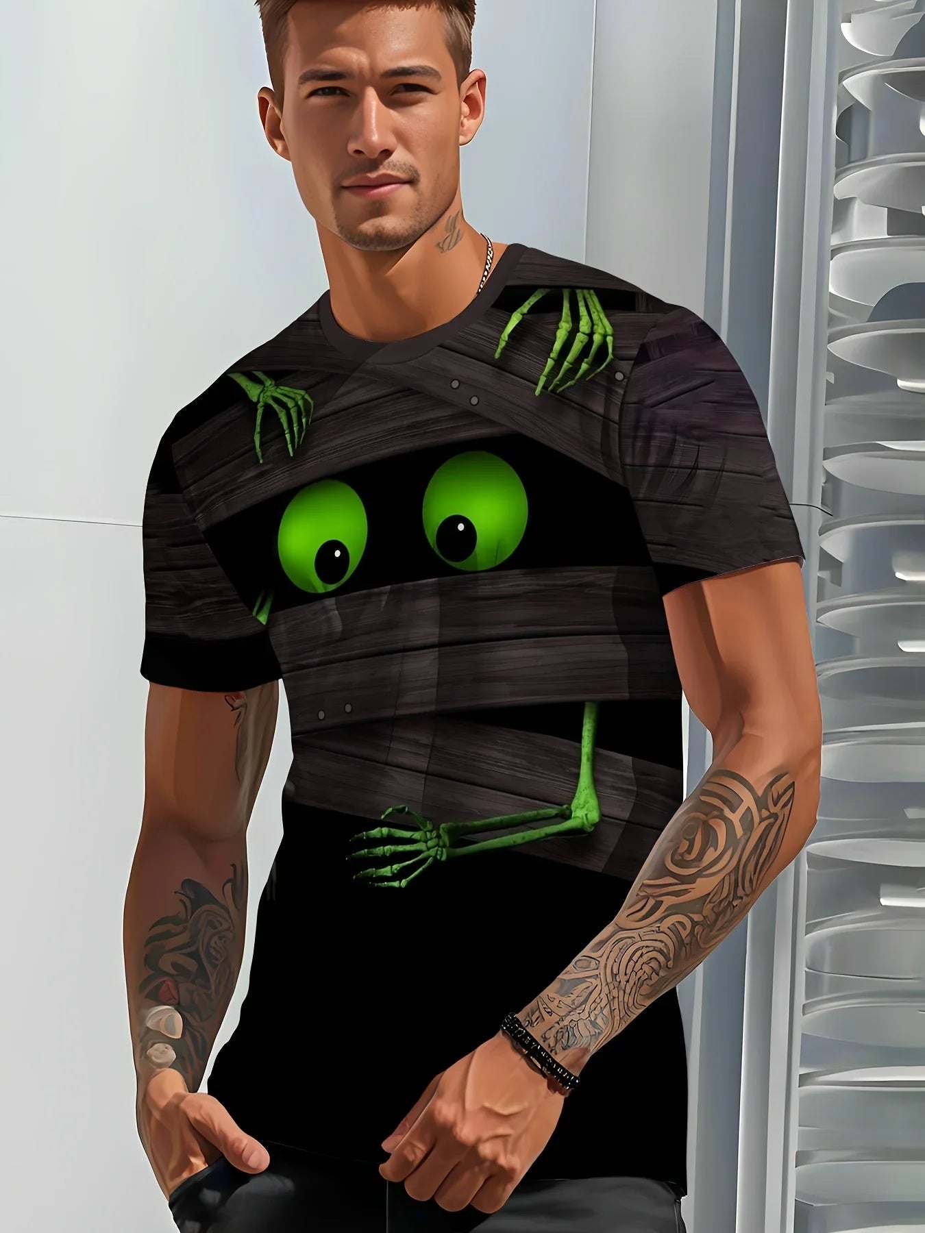 Men'S Mummy 3D Print T-Shirt - Casual Crew Neck Short Sleeve Skeleton Design Black with White Stripes Halloween Street - Fabtukus Luxury