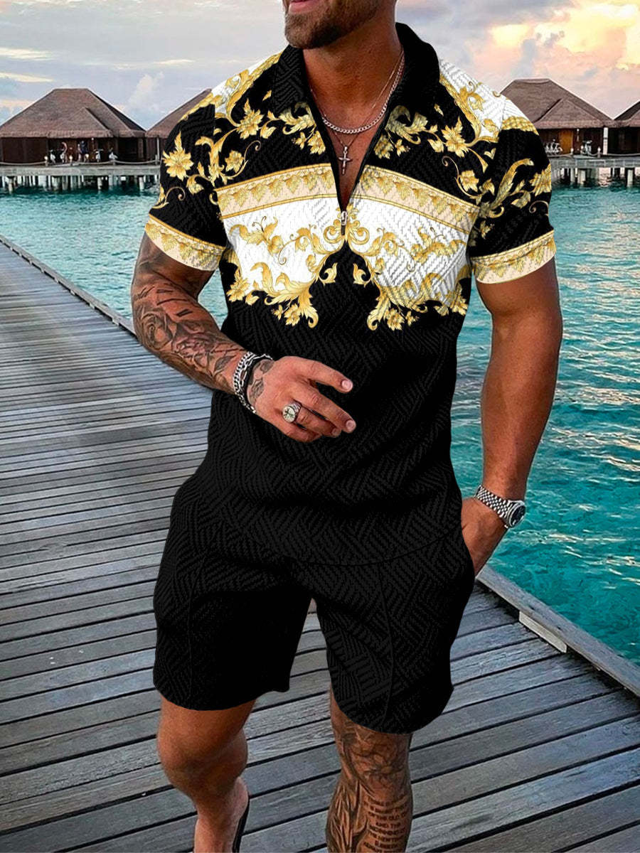 Men's Summer Fashion 3D Printed Short Sleeve Geometric Zip Lapel Shirt Set - Fabtukus Luxury