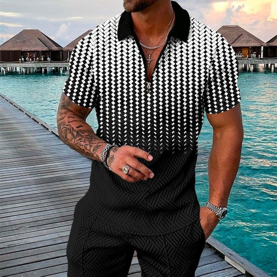 Men's Summer Fashion 3D Printed Short Sleeve Geometric Zip Lapel Shirt Set - Fabtukus Luxury