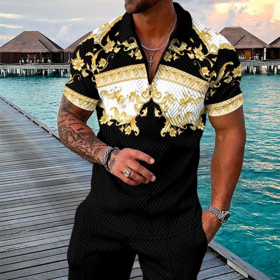 Men's Summer Fashion 3D Printed Short Sleeve Geometric Zip Lapel Shirt Set - Fabtukus Luxury