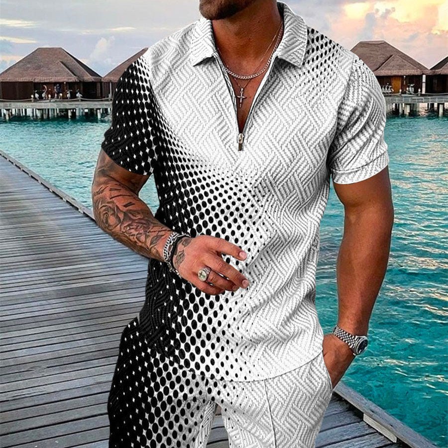 Men's Summer Fashion 3D Printed Short Sleeve Geometric Zip Lapel Shirt Set - Fabtukus Luxury
