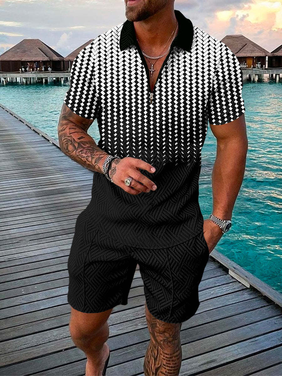 Men's Summer Fashion 3D Printed Short Sleeve Geometric Zip Lapel Shirt Set - Fabtukus Luxury