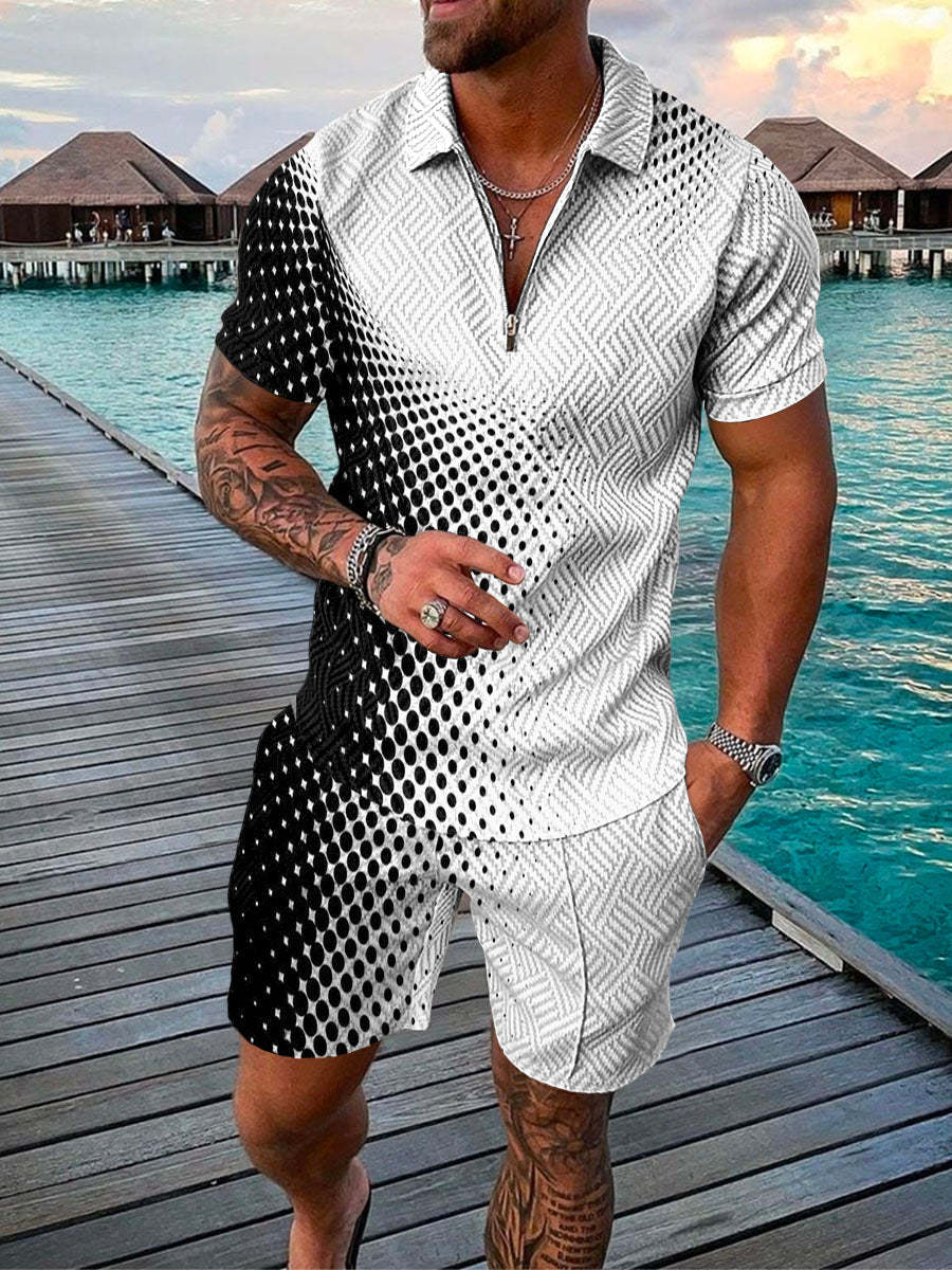 Men's Summer Fashion 3D Printed Short Sleeve Geometric Zip Lapel Shirt Set - Fabtukus Luxury