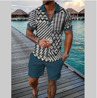 Men's Summer Fashion 3D Printed Short Sleeve Geometric Zip Lapel Shirt Set - Fabtukus Luxury